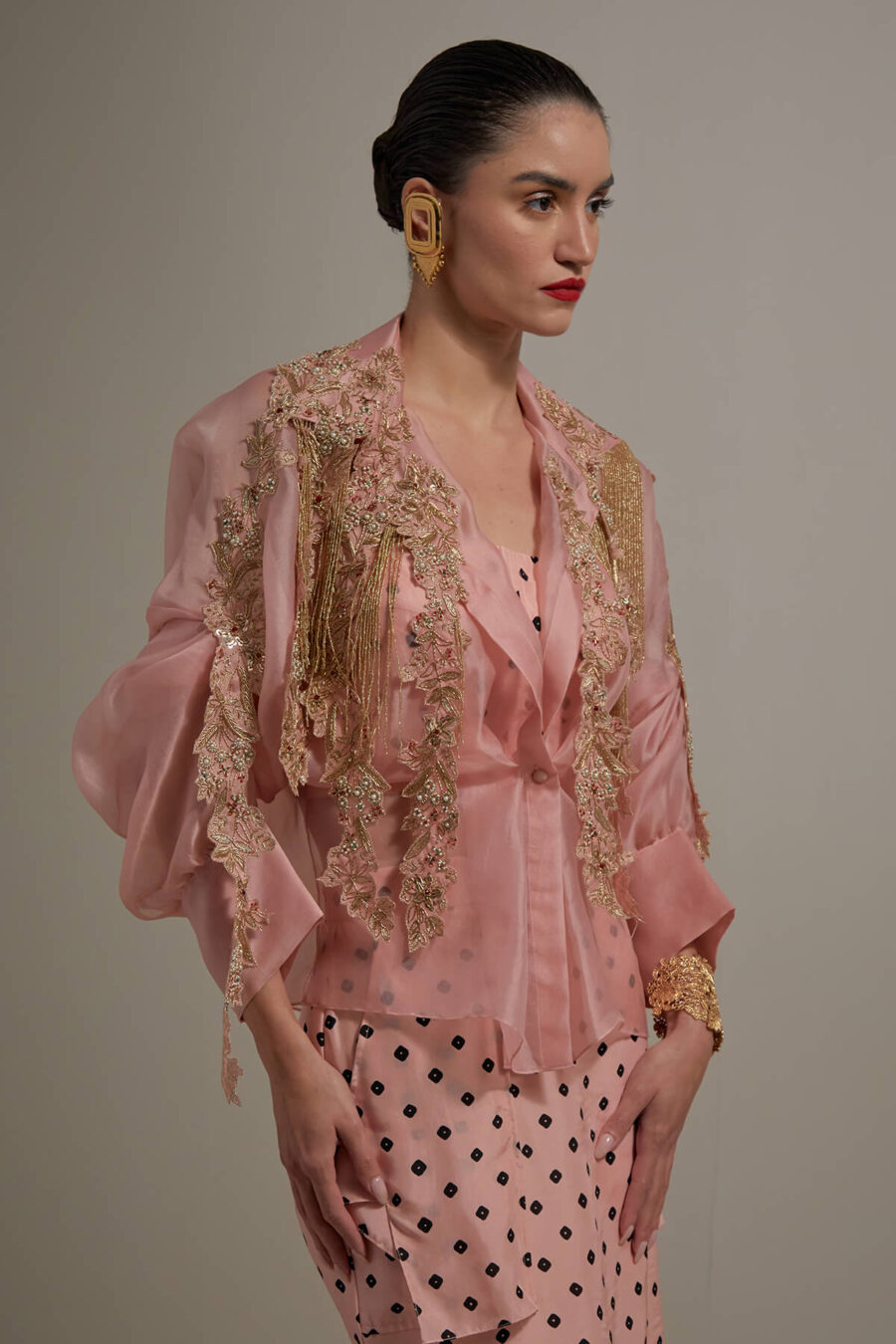 Bolero Jacket with hanging meenakari applique + bustier + daria skirt - Image 3