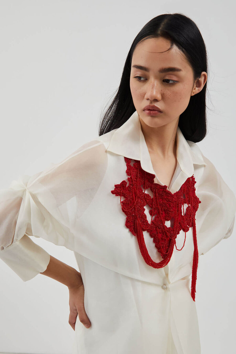 Moulin Shirt with Red Coral Moss Neckpiece & Noir Jumpsuit - Image 3