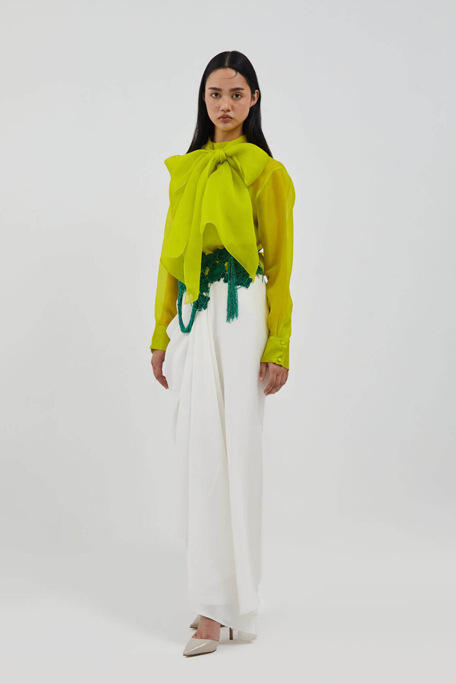 Sienna Bow Top, Slip, Inez Skirt & Green Hanging Coral Moss Belt - Image 3