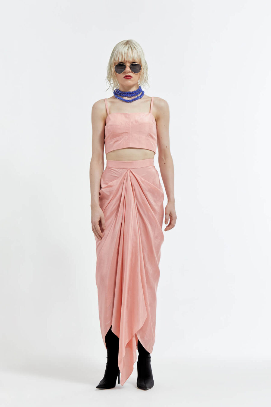 Shawl Collar Noori Jacket with Blue Crystal Pendant+Bustier+Mocha Skirt - Image 4